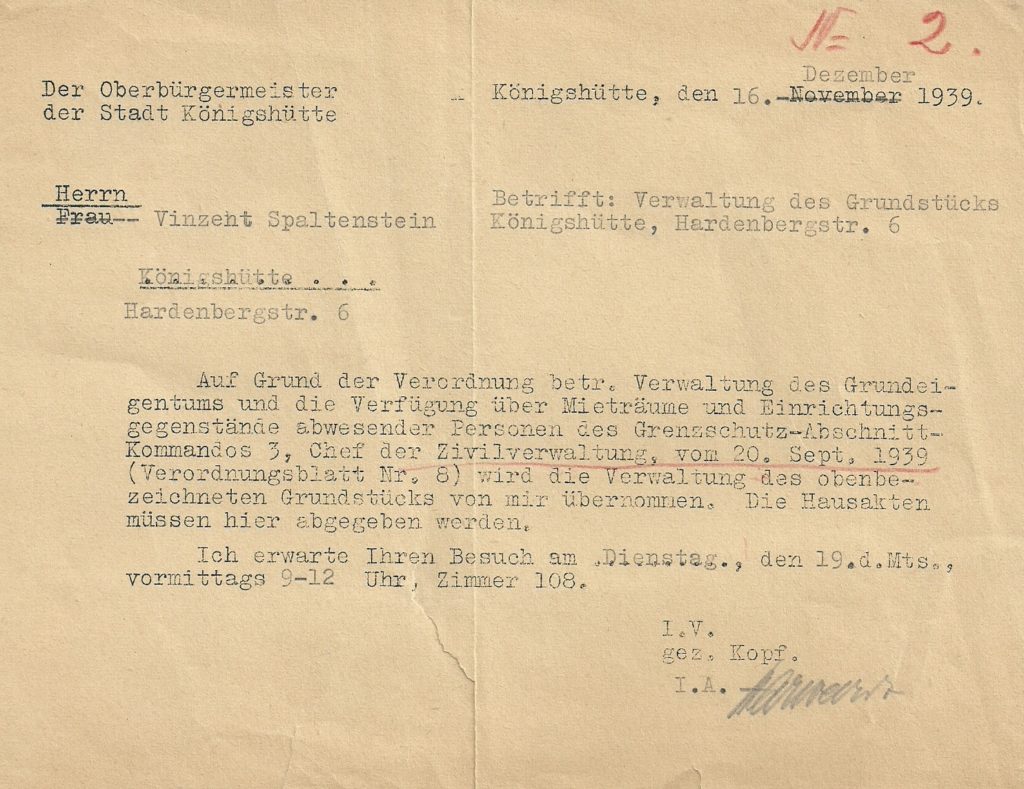 Pismo o zajęciu przez władze niemieckie kamienicy na ul. Michała Drzymały w Chorzowie (Hardenbergstr. 6, Konigshutte) - 16 grudnia 1939 r.